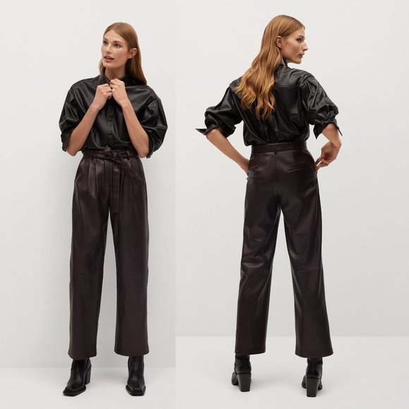 NWT Mango Vegan Leather Straight Trousers in Chocolate Brown - Picture 1 of 6